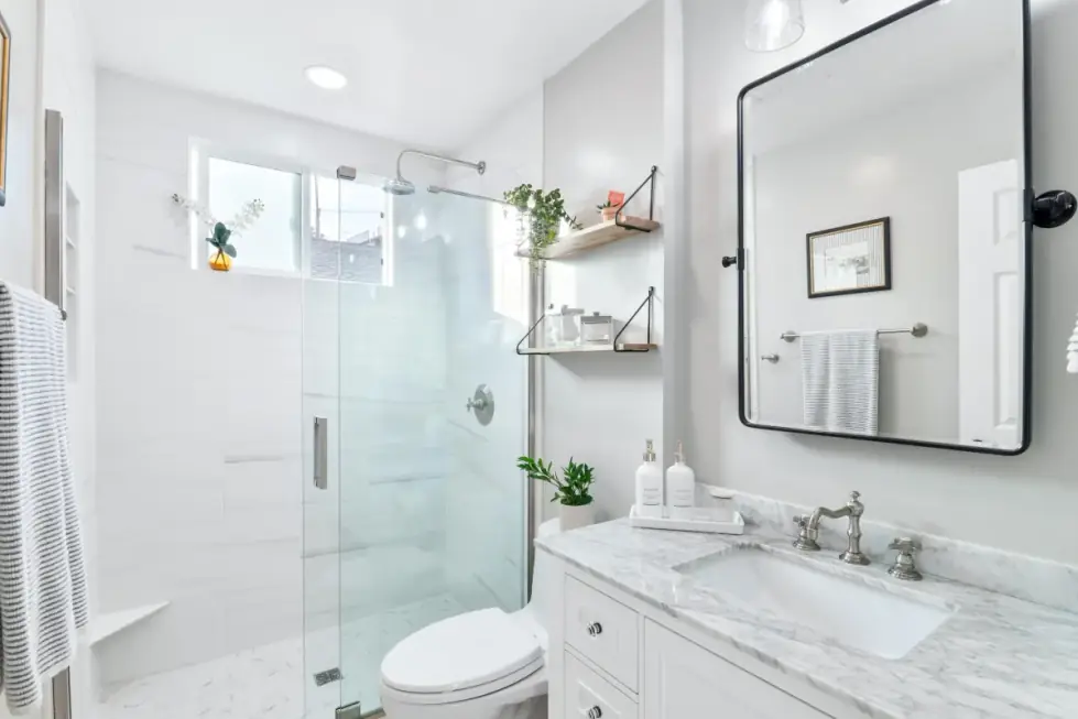 A bathroom interior, one of the rooms covered in a full walkthrough video