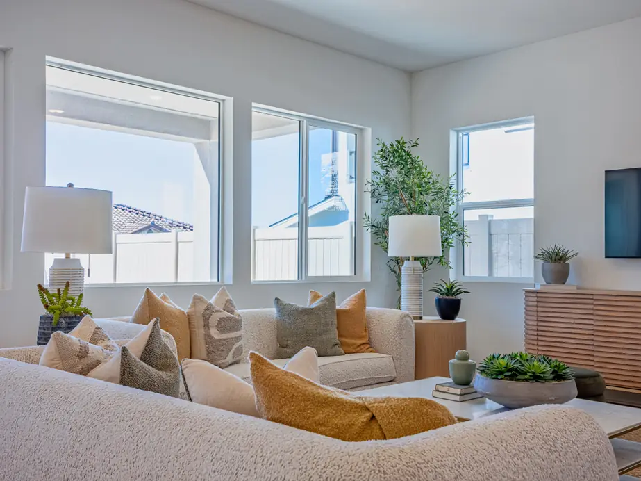 A staged living room prepared for a 360 degree virtual tour capture